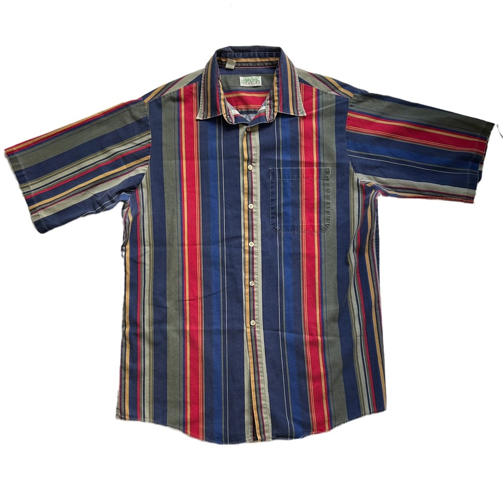 90s Ash Creek Trading Short Sleeve Button Down Vertical Stripe Large Blue Red